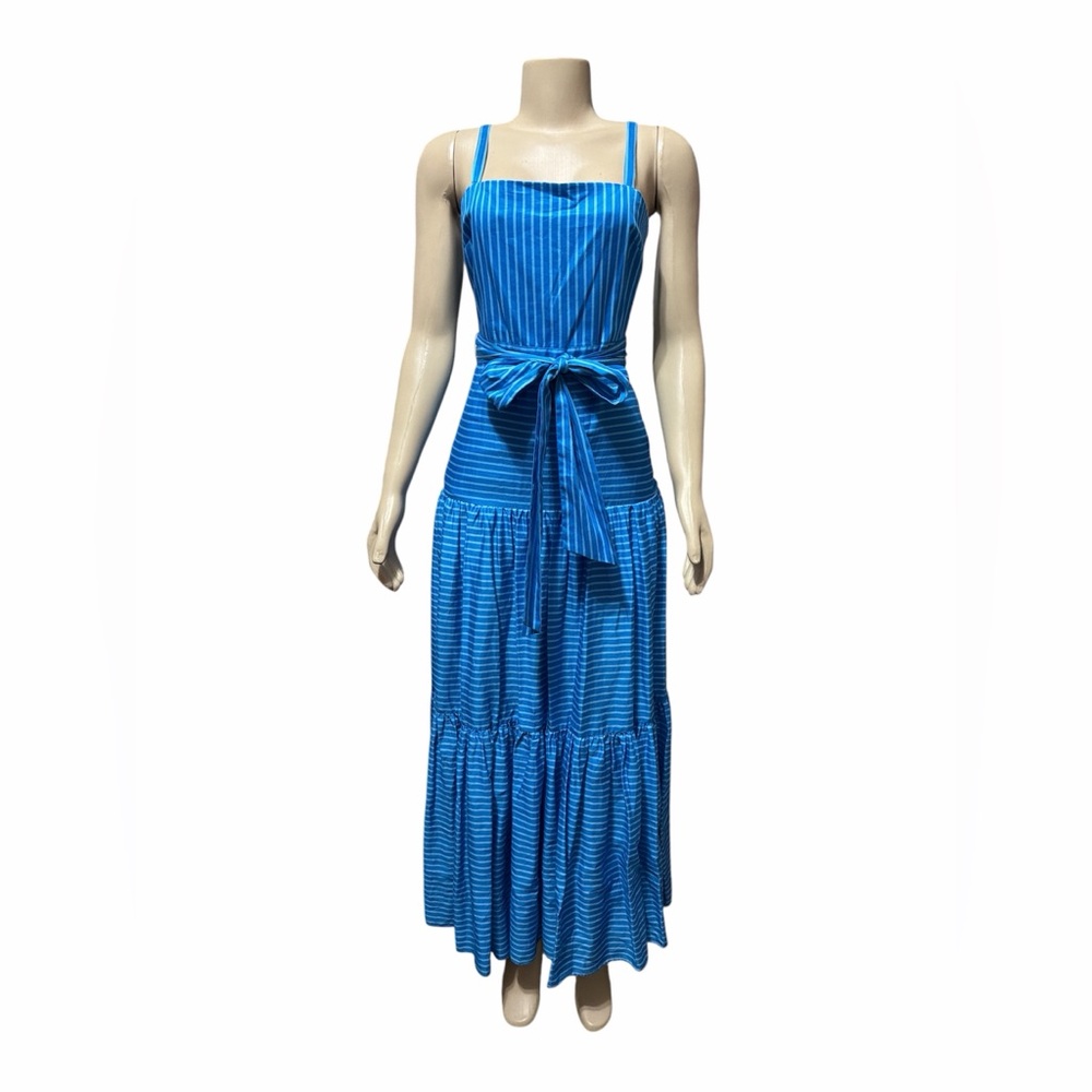Belle Badgley Mischka Sz 2 Priya Maxi Dress Blue Striped Tiered Tie Sleeveless